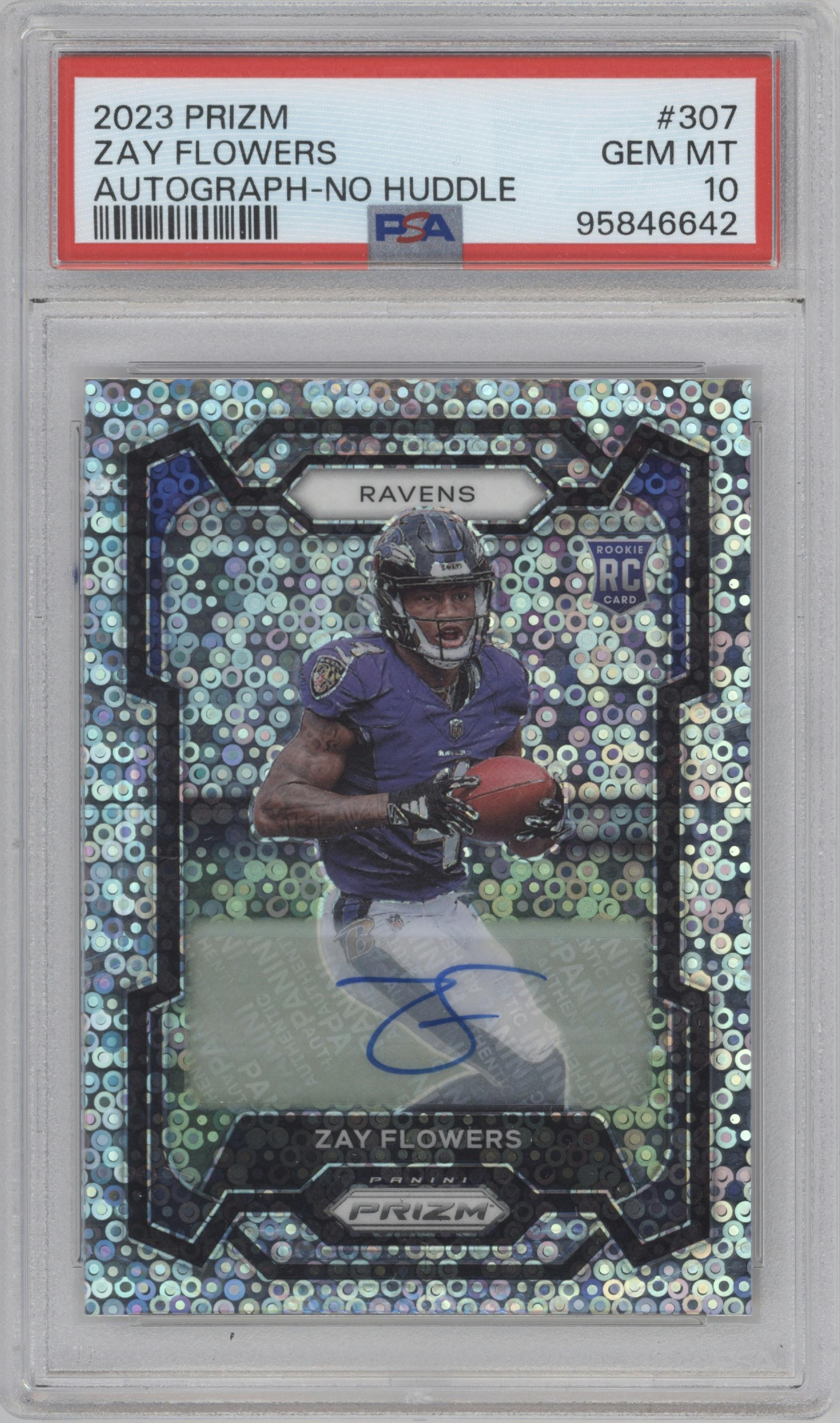 Zay Flowers from the 2023 Panini Prizm set featuring a No Huddle parallel graded by PSA and given an overall grade of 10.