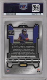 Zay Flowers from the 2023 Panini Prizm set featuring a No Huddle parallel graded by PSA and given an overall grade of 10.