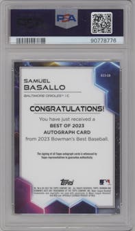 Samuel Basallo from the 2023 Bowman's Best set featuring a Blue Refractor parallel graded by PSA and given an overall grade of 9.