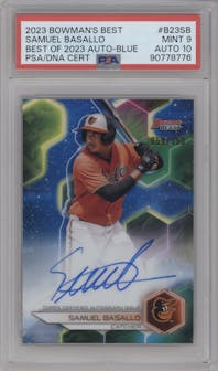 Samuel Basallo from the 2023 Bowman's Best set featuring a Blue Refractor parallel graded by PSA and given an overall grade of 9.