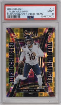 Caleb Williams from the 2024 Panini Select set featuring a Gold parallel graded by PSA and given an overall grade of 9.