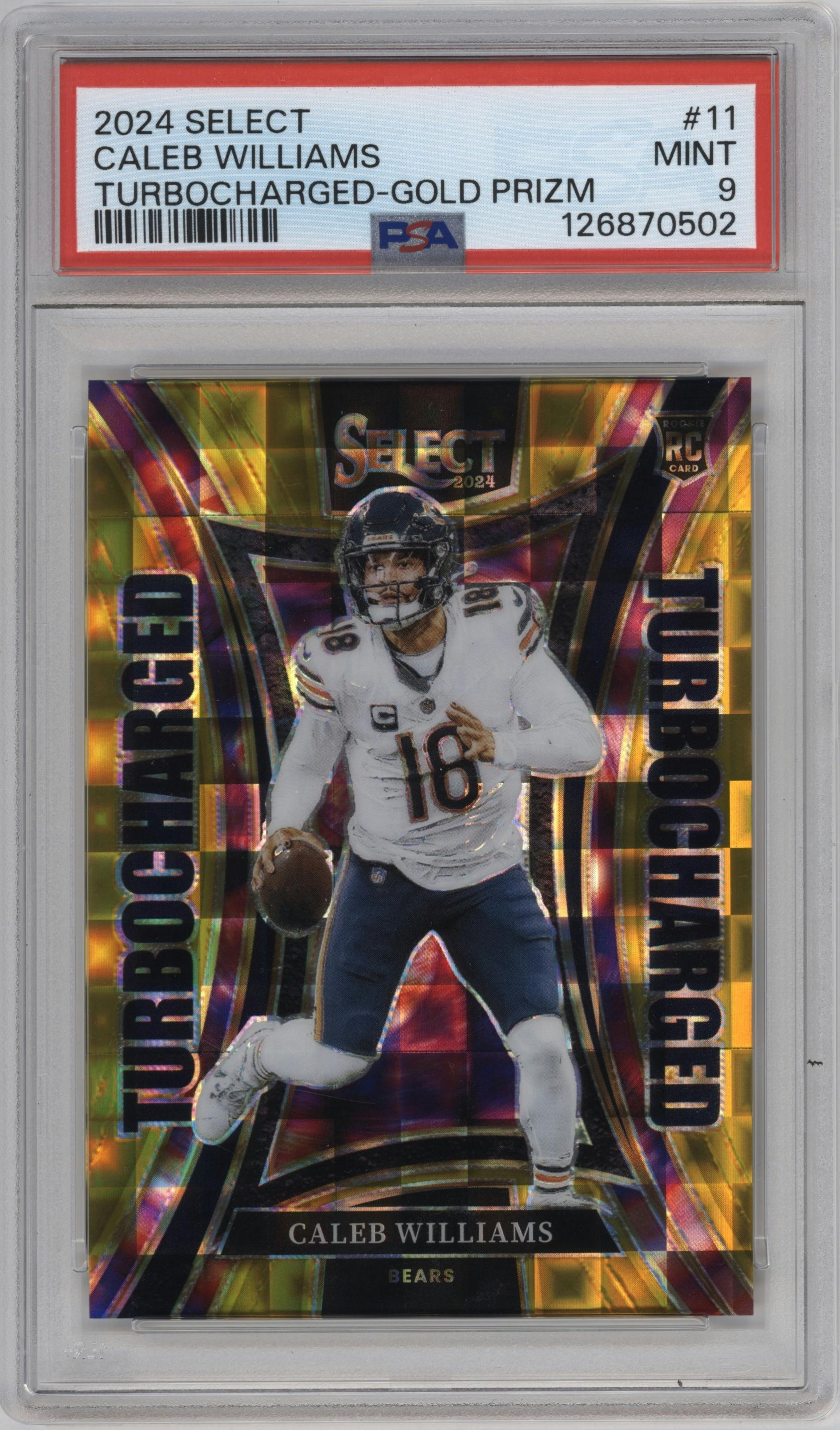 Caleb Williams from the 2024 Panini Select set featuring a Gold parallel graded by PSA and given an overall grade of 9.