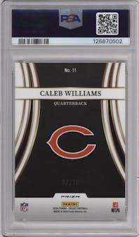 Caleb Williams from the 2024 Panini Select set featuring a Gold parallel graded by PSA and given an overall grade of 9.