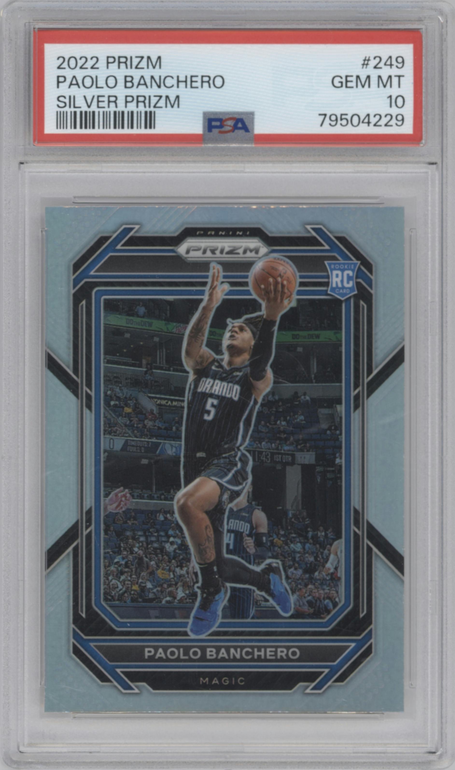 Paolo Banchero from the 2022-23 Panini Prizm  set featuring a Silver Prizm parallel graded by PSA and given an overall grade of 10.