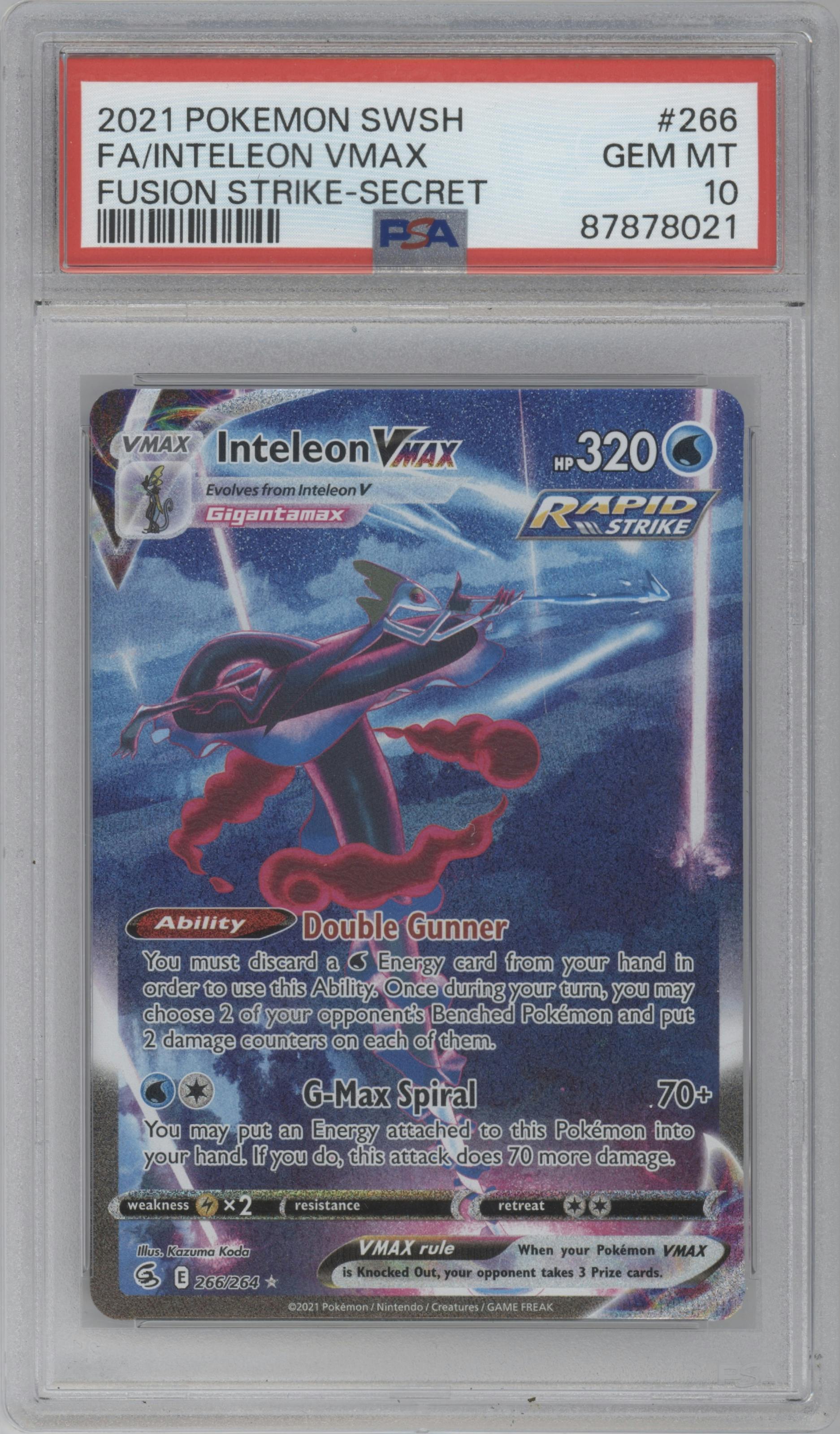 Inteleon VMAX from the 2021 Pokemon SWSH set graded by PSA and given an overall grade of 10.