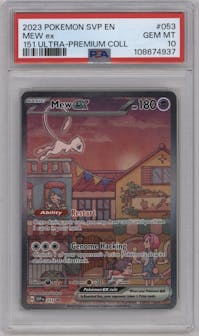 Mew ex from the 2023 Pokemon SV set featuring a Ultra Premium Collection parallel graded by PSA and given an overall grade of 10.