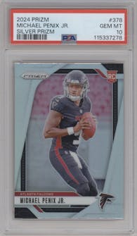 Michael Penix Jr. from the 2024 Panini Prizm set featuring a Silver Prizm parallel graded by PSA and given an overall grade of 10.
