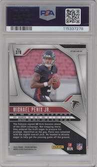 Michael Penix Jr. from the 2024 Panini Prizm set featuring a Silver Prizm parallel graded by PSA and given an overall grade of 10.