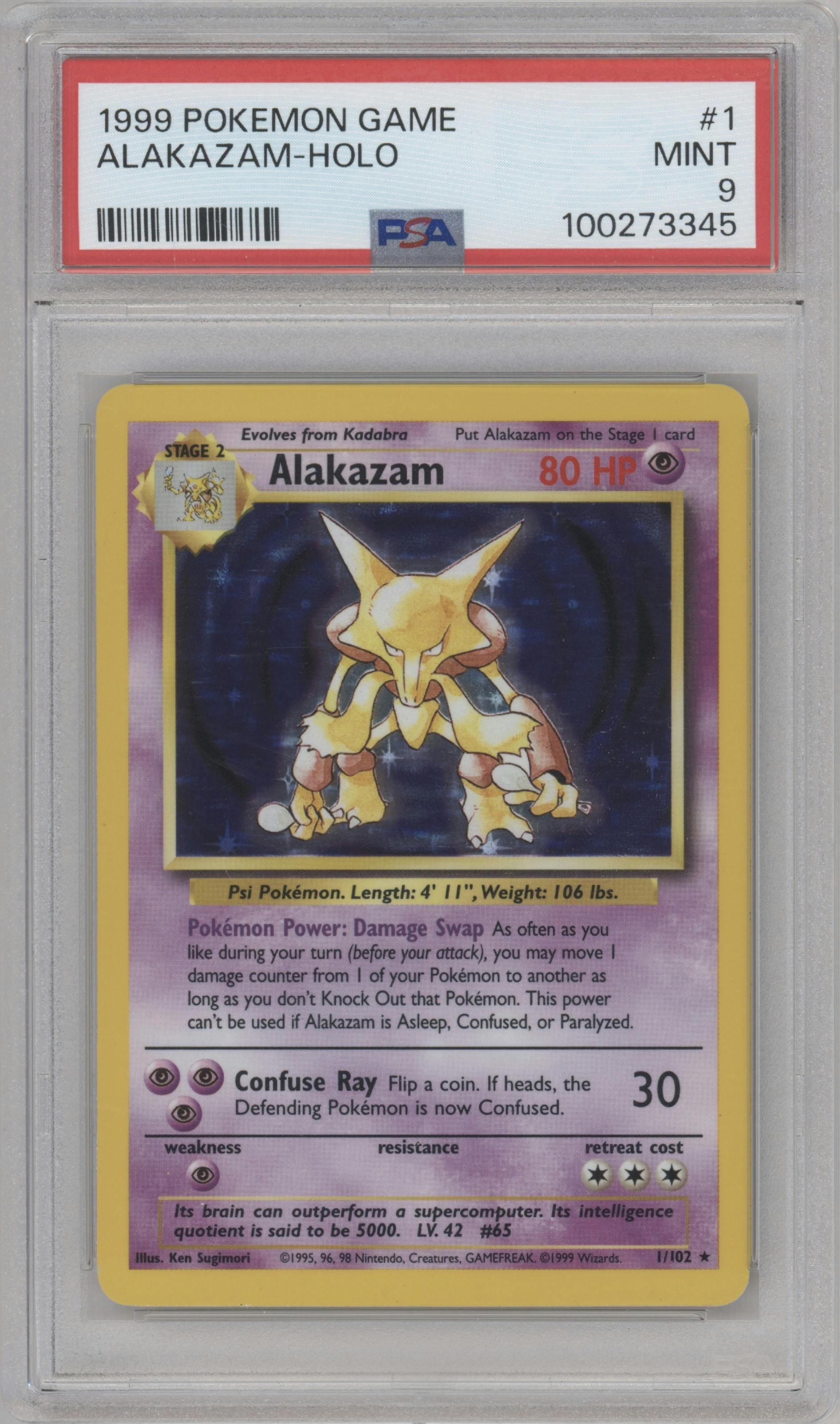 Alakazam from the 1999 Pokemon set graded by PSA and given an overall grade of 9.