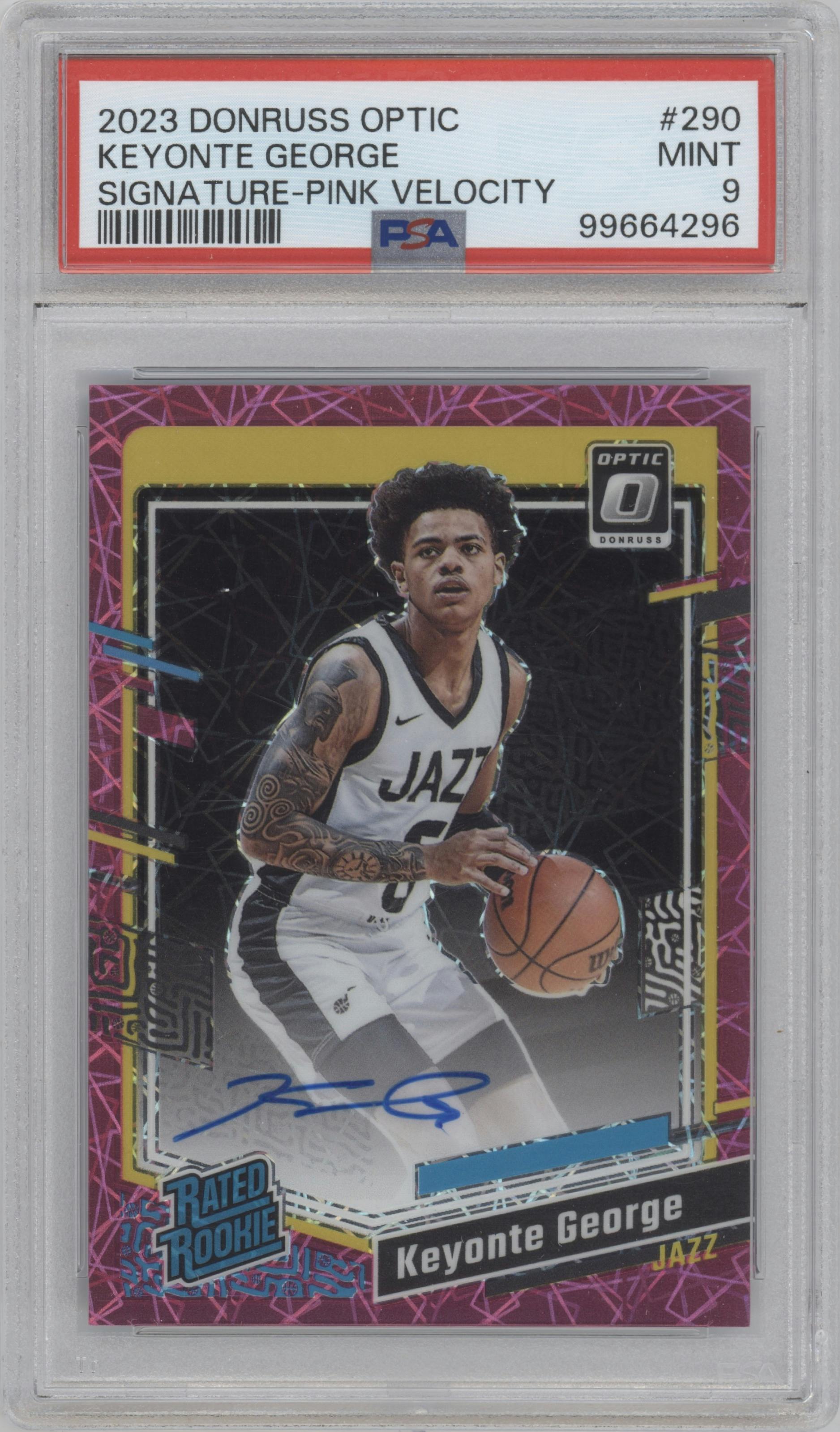 Keyonte George from the 2023-24 Donruss Optic set featuring a Pink Velocity parallel graded by PSA and given an overall grade of 9.