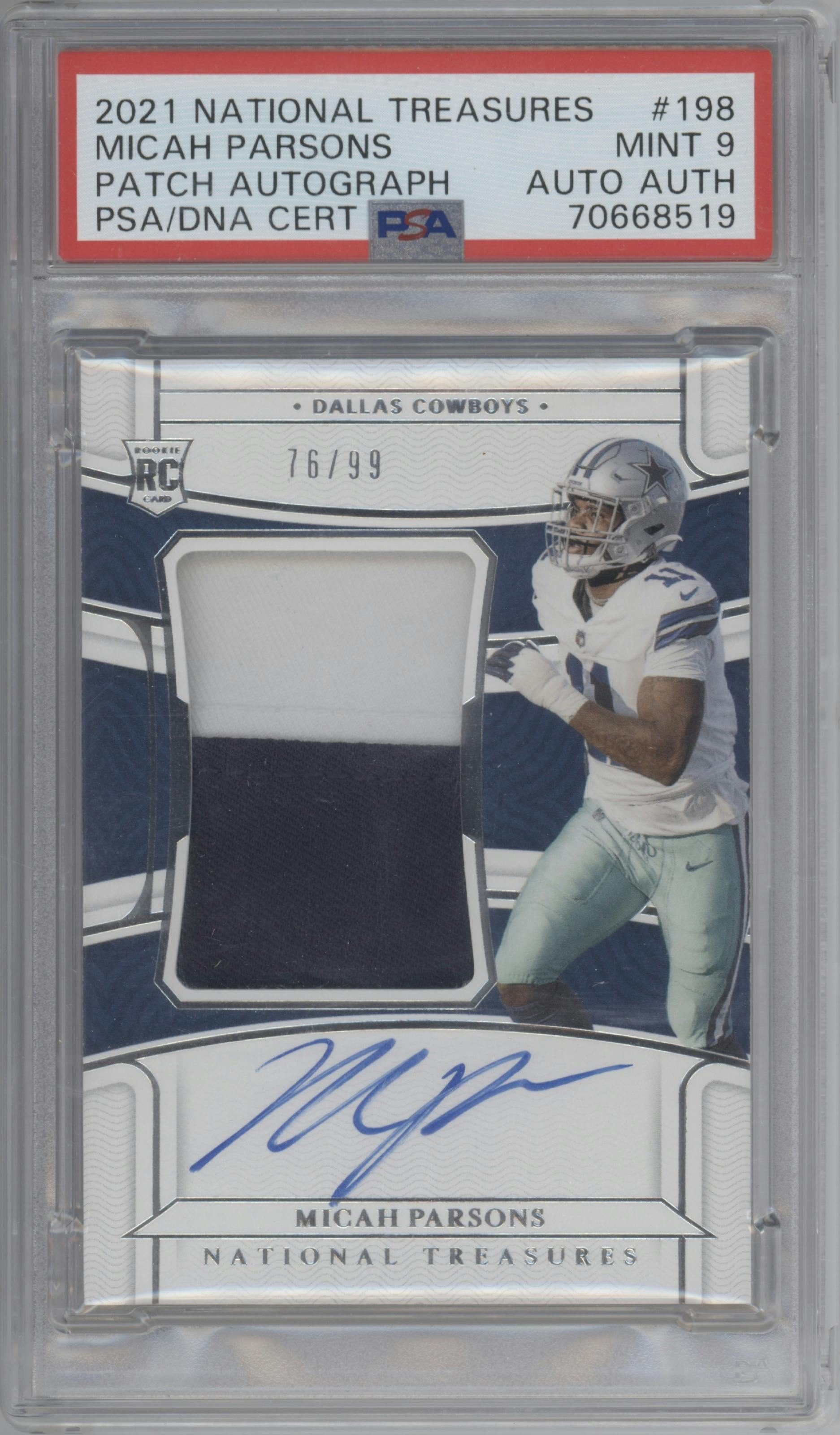 Micah Parsons from the 2021 Panini National Treasures set graded by PSA and given an overall grade of 9.