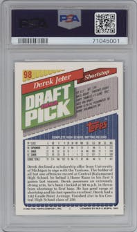 Derek Jeter from the 1993 Topps Gold set graded by PSA and given an overall grade of 8.