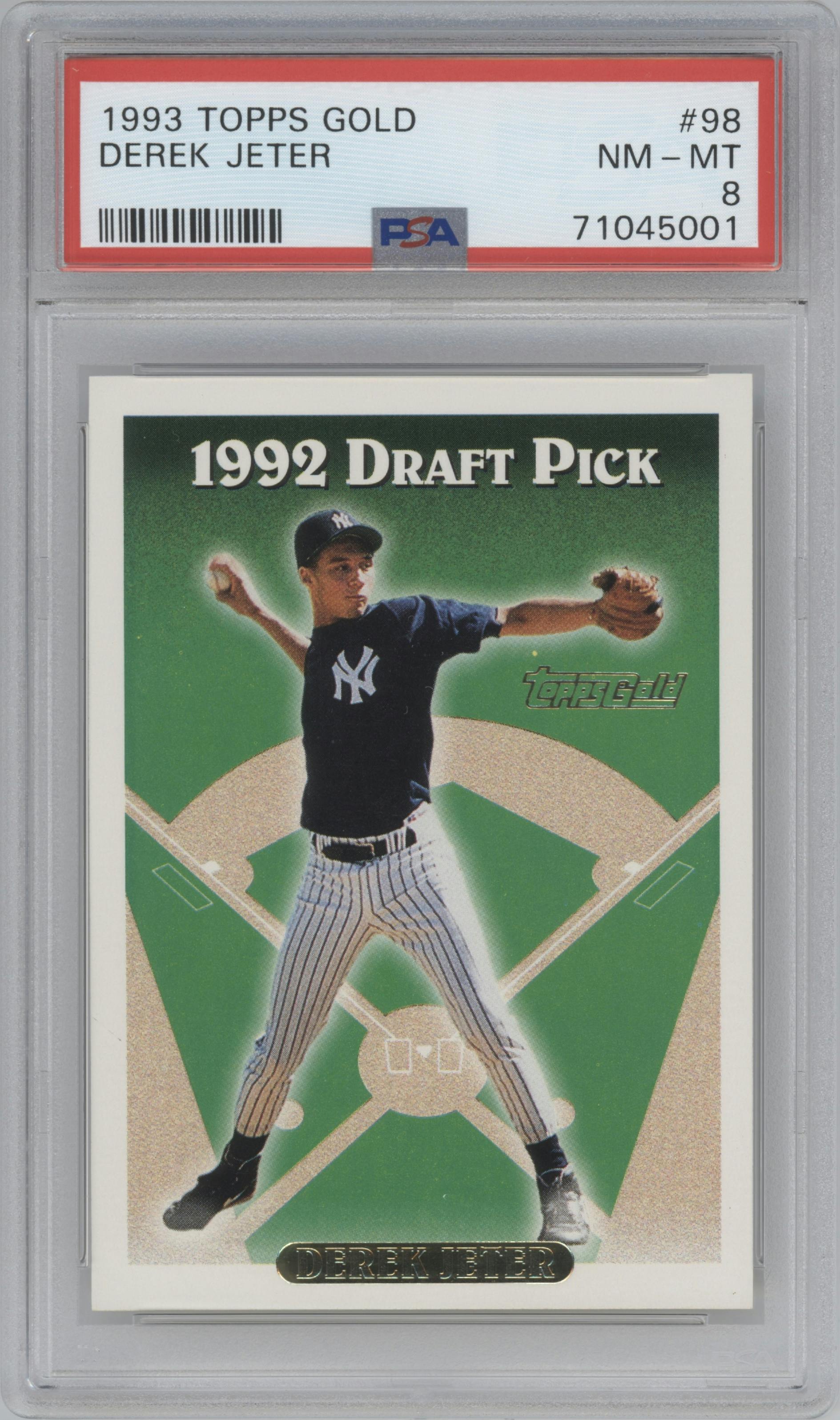 Derek Jeter from the 1993 Topps Gold set graded by PSA and given an overall grade of 8.