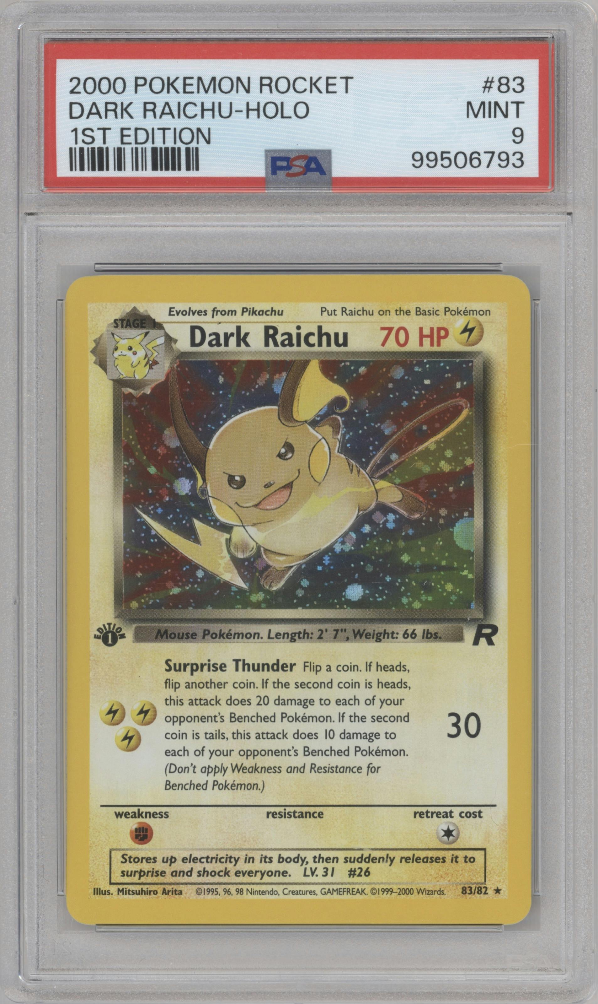 Dark Raichu from the 2000 Pokemon set graded by PSA and given an overall grade of 9.