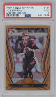 Joe Burrow from the 2020 Panini Certified set featuring a Mirror Orange parallel graded by PSA and given an overall grade of 9.