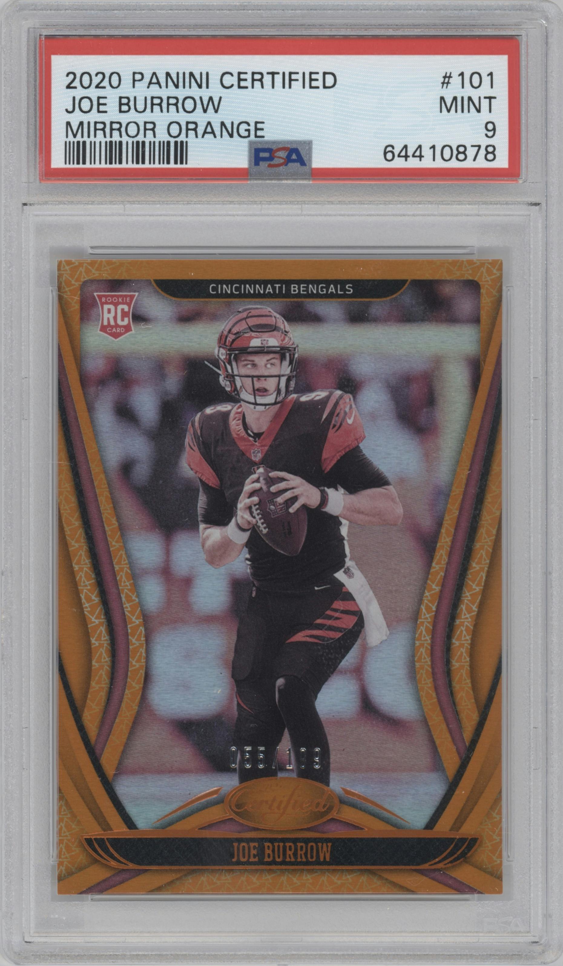 Joe Burrow from the 2020 Panini Certified set featuring a Mirror Orange parallel graded by PSA and given an overall grade of 9.