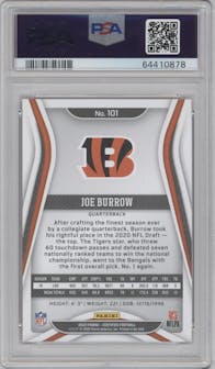 Joe Burrow from the 2020 Panini Certified set featuring a Mirror Orange parallel graded by PSA and given an overall grade of 9.