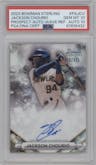 Jackson Chourio from the 2023 Bowman Sterling set featuring a Wave Refractor parallel graded by PSA and given an overall grade of 10.