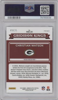 Christian Watson from the 2022 Panini Donruss Optic set featuring a Purple Stars parallel graded by PSA and given an overall grade of 10.