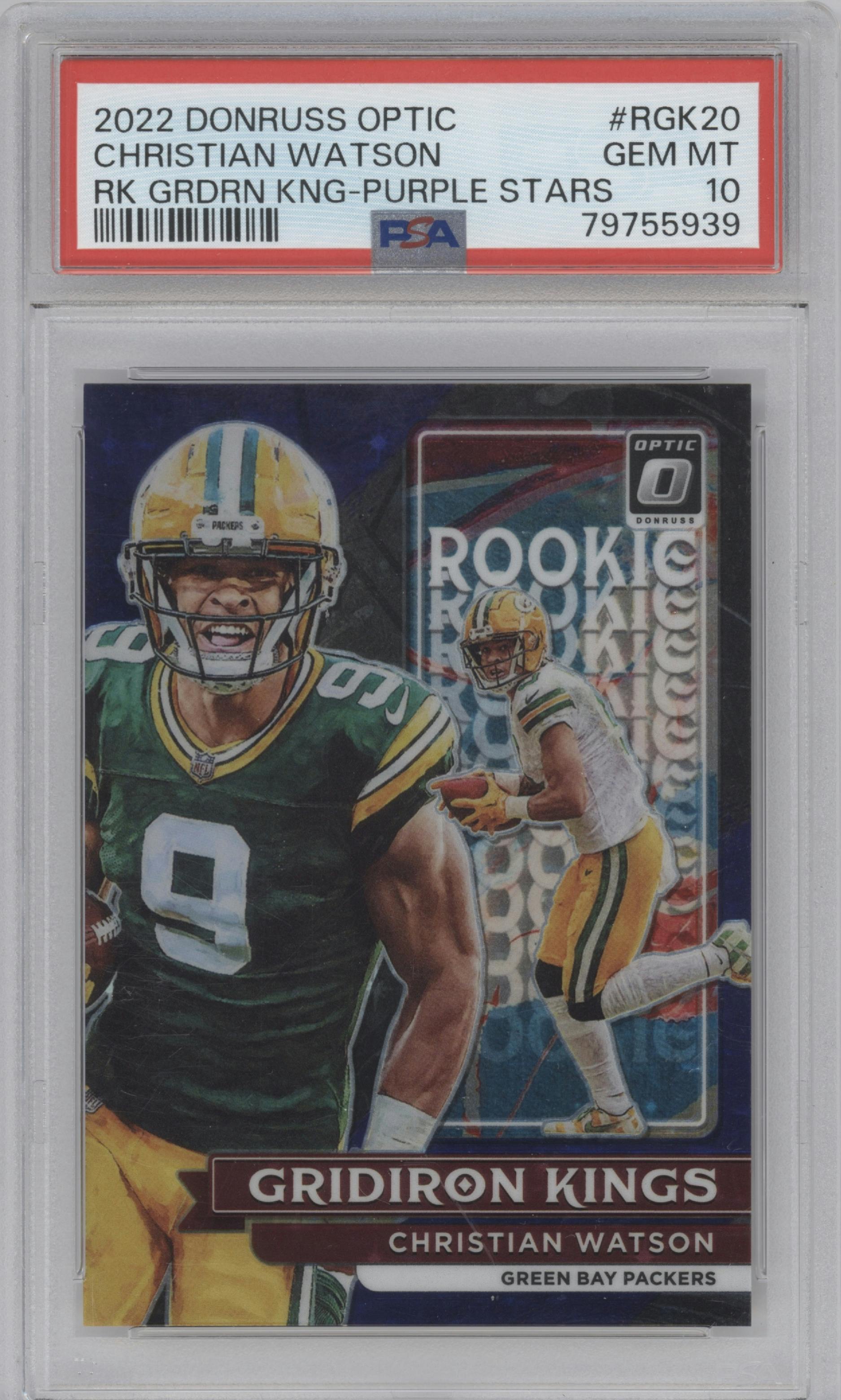 Christian Watson from the 2022 Panini Donruss Optic set featuring a Purple Stars parallel graded by PSA and given an overall grade of 10.
