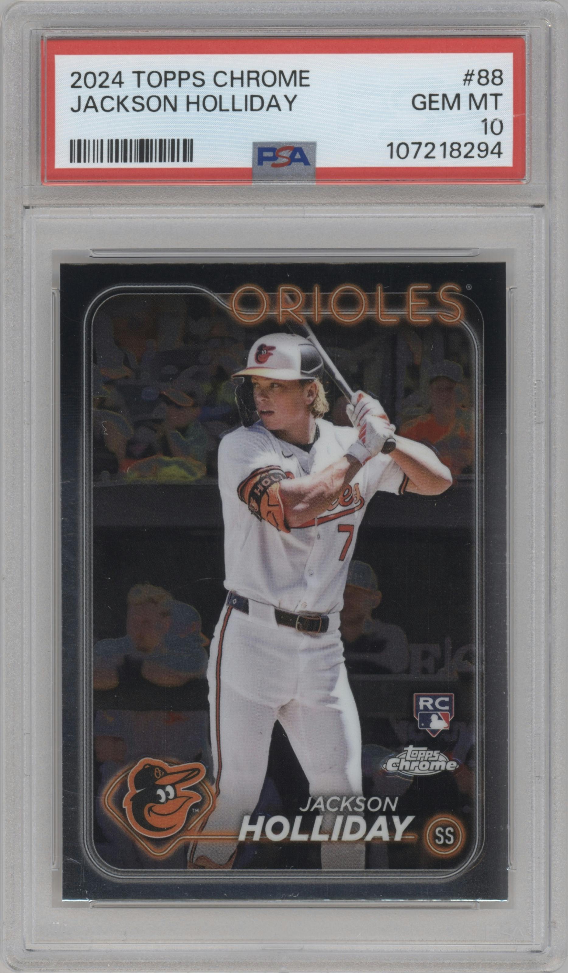 Jackson Holliday from the 2024 Topps Chrome set graded by PSA and given an overall grade of 10.