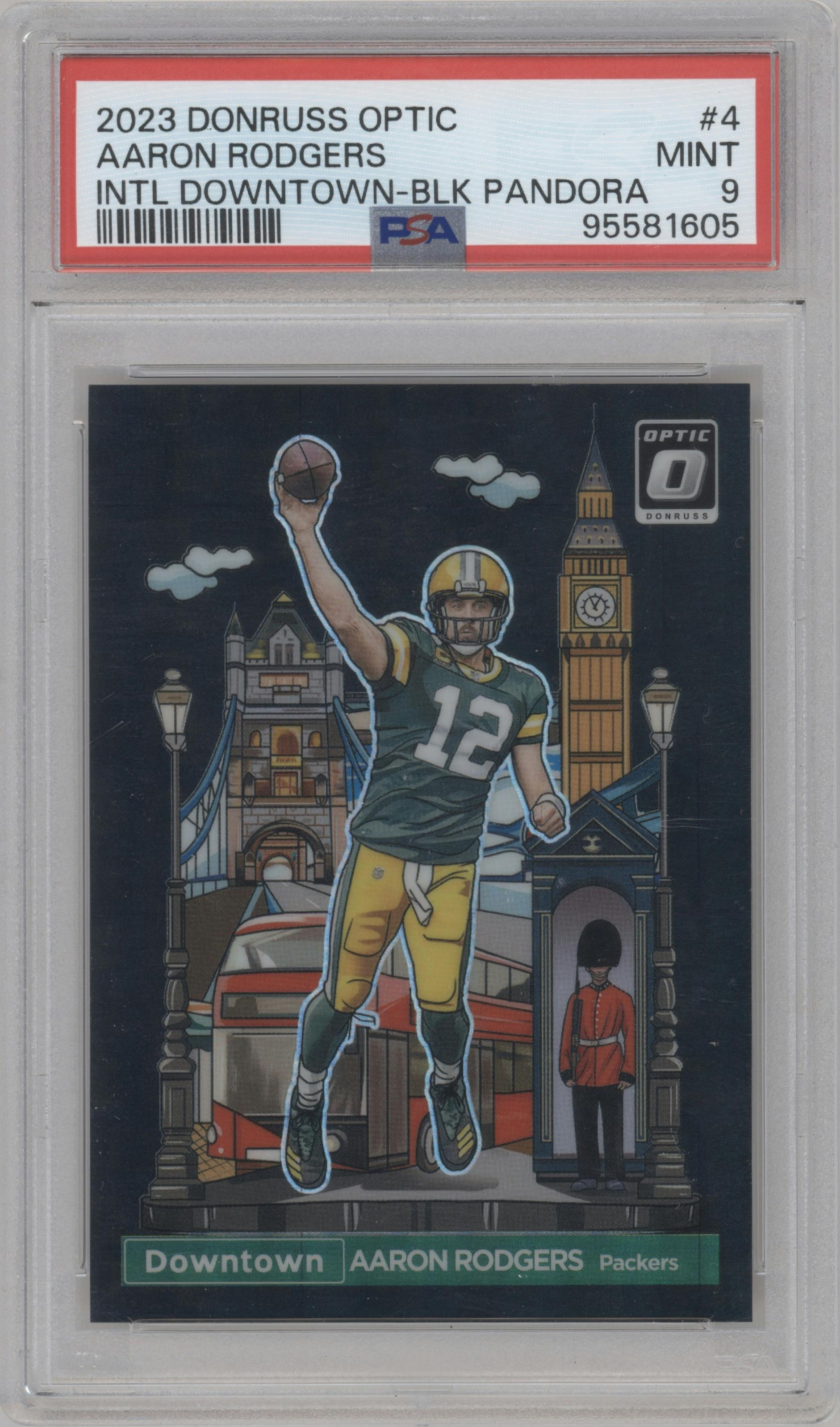 Aaron Rodgers from the 2023 Donruss Optic set featuring a Black Pandora parallel graded by PSA and given an overall grade of 9.