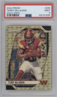 Terry McLaurin from the 2024 Panini Prizm set featuring a Gold Vinyl parallel graded by PSA and given an overall grade of 9.