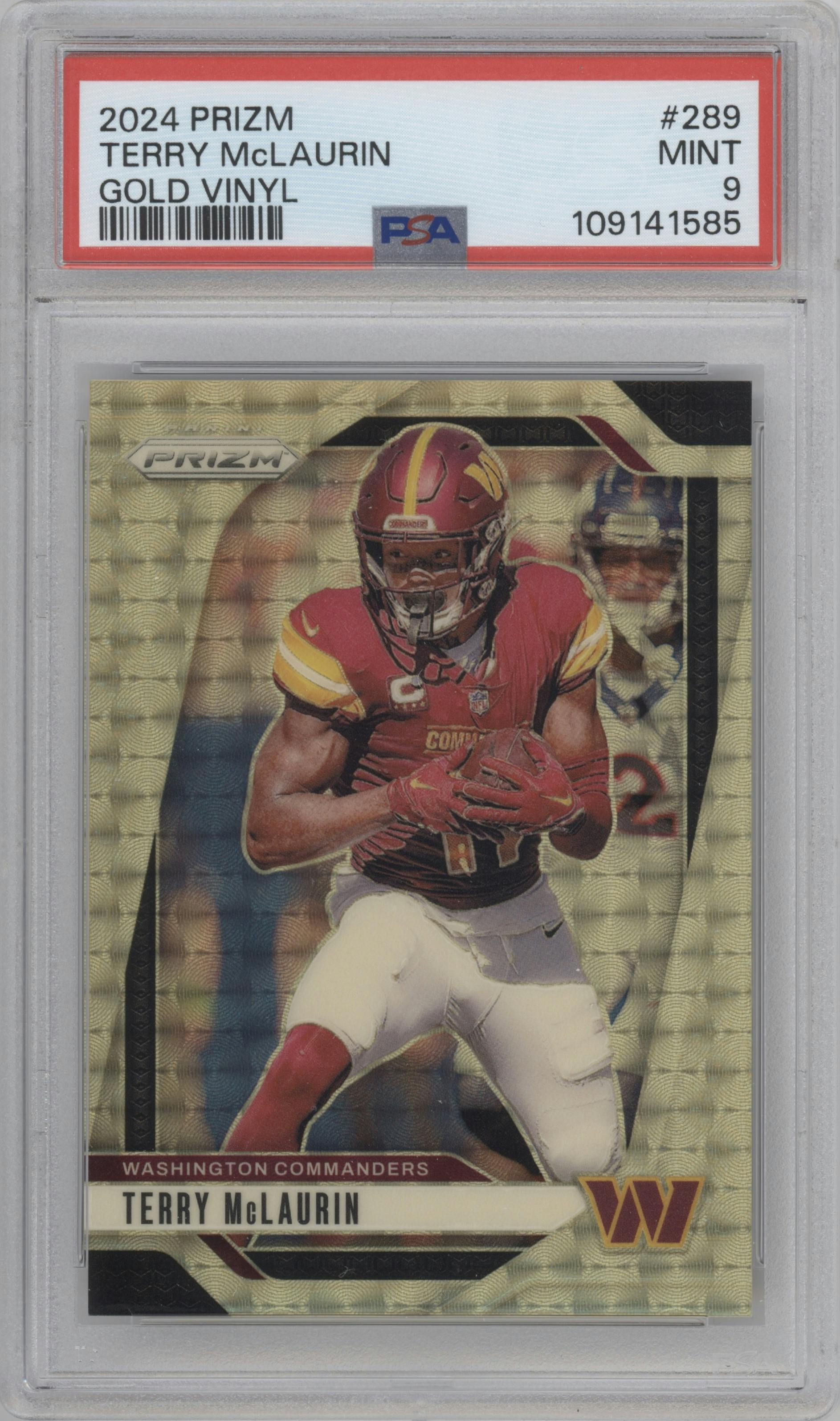 Terry McLaurin from the 2024 Panini Prizm set featuring a Gold Vinyl parallel graded by PSA and given an overall grade of 9.