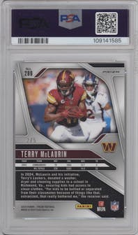 Terry McLaurin from the 2024 Panini Prizm set featuring a Gold Vinyl parallel graded by PSA and given an overall grade of 9.