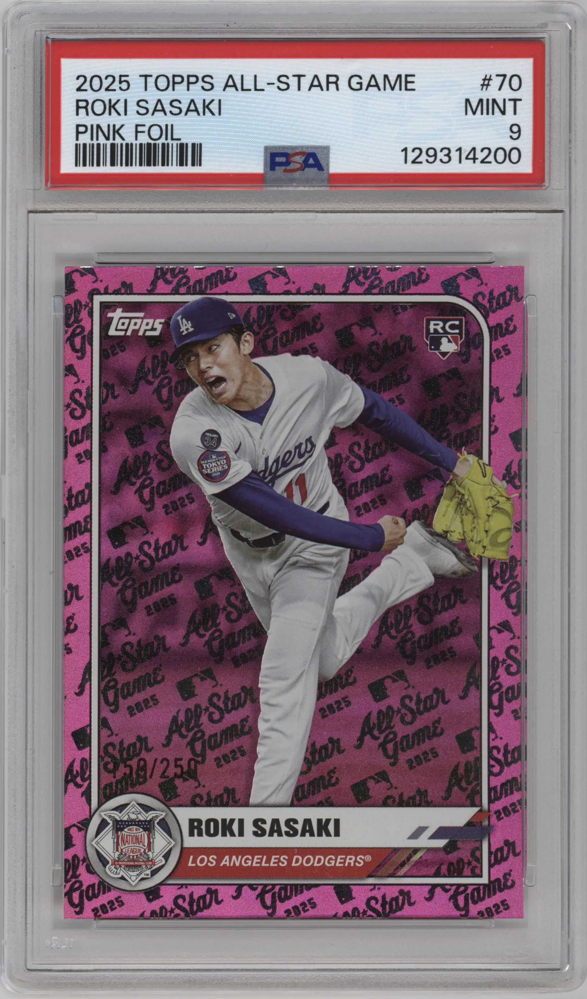 2025 Topps All Star Game Roki Sasaki Pink Foil PSA 9