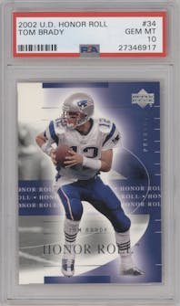 Tom Brady from the 2002 Upper Deck Honor Roll set graded by PSA and given an overall grade of 10.