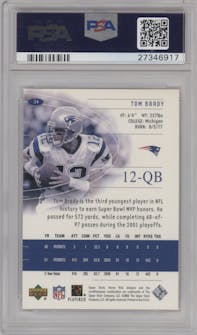 Tom Brady from the 2002 Upper Deck Honor Roll set graded by PSA and given an overall grade of 10.