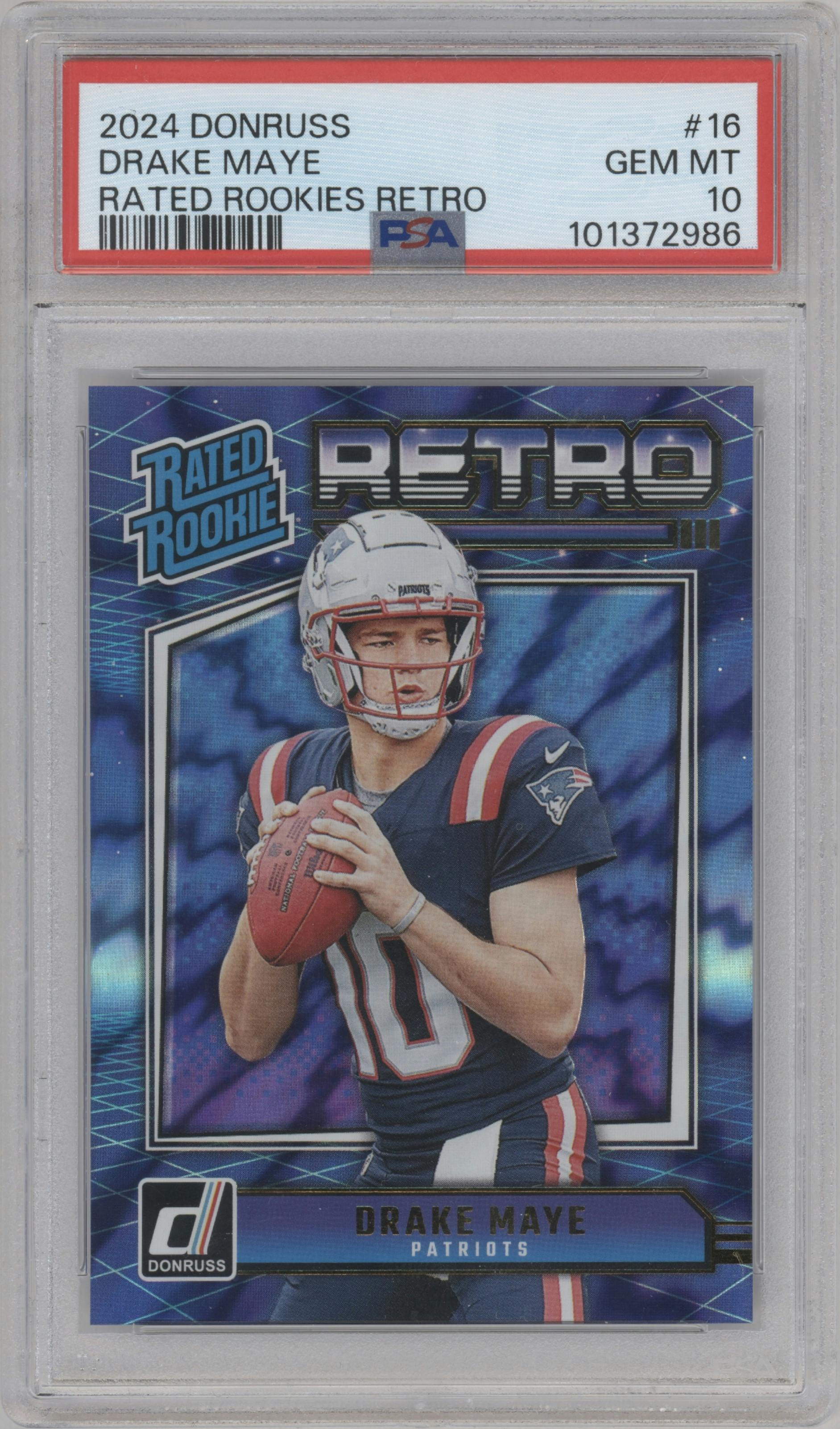 Drake Maye from the 2024 Donruss set graded by PSA and given an overall grade of 10.