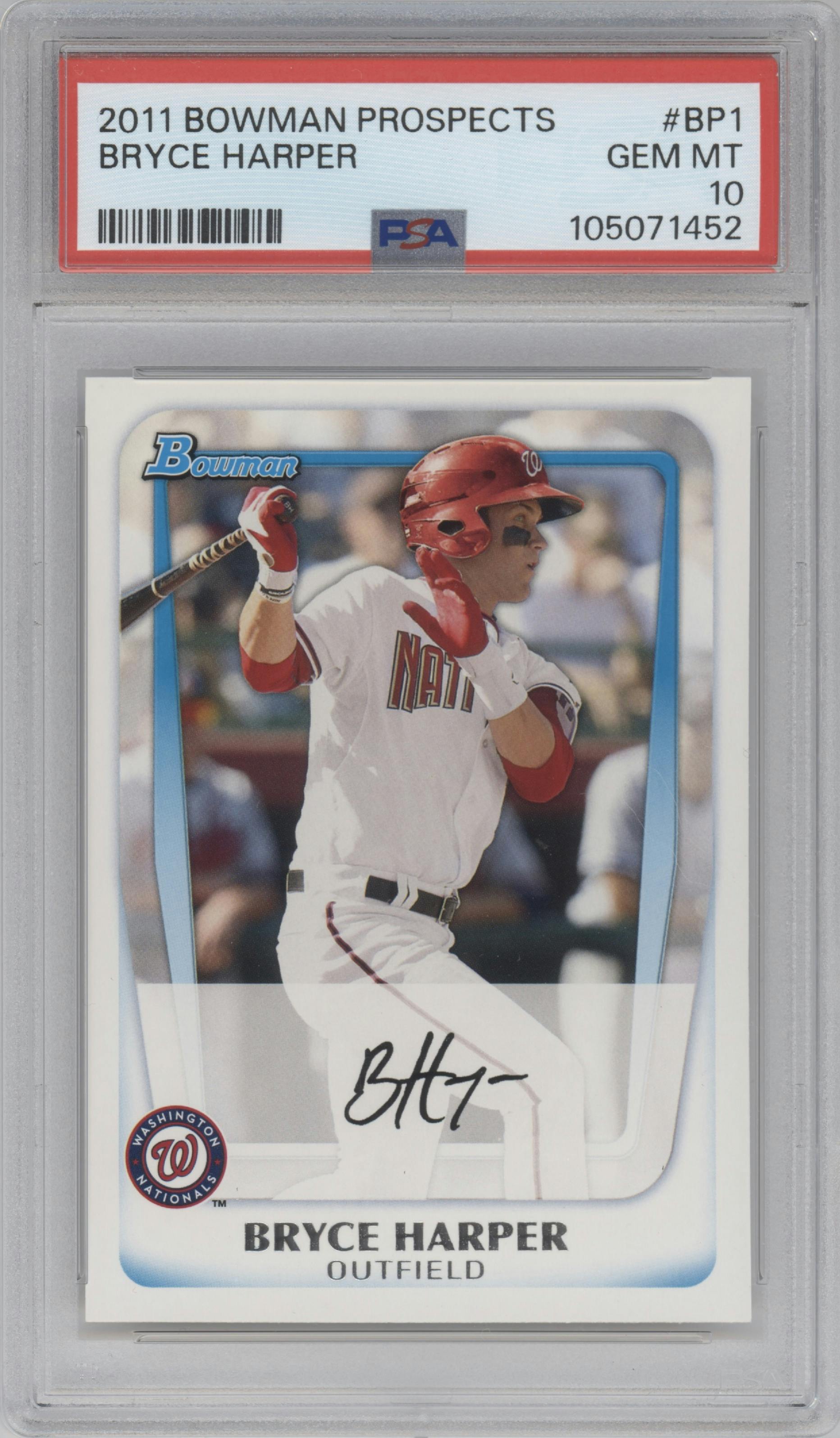 Bryce Harper from the 2011 Bowman set graded by PSA and given an overall grade of 10.