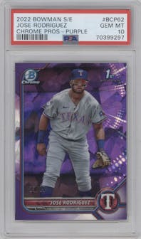 Jose Rodriguez from the 2022 Bowman Sapphire Edition set featuring a Purple parallel graded by PSA and given an overall grade of 10.