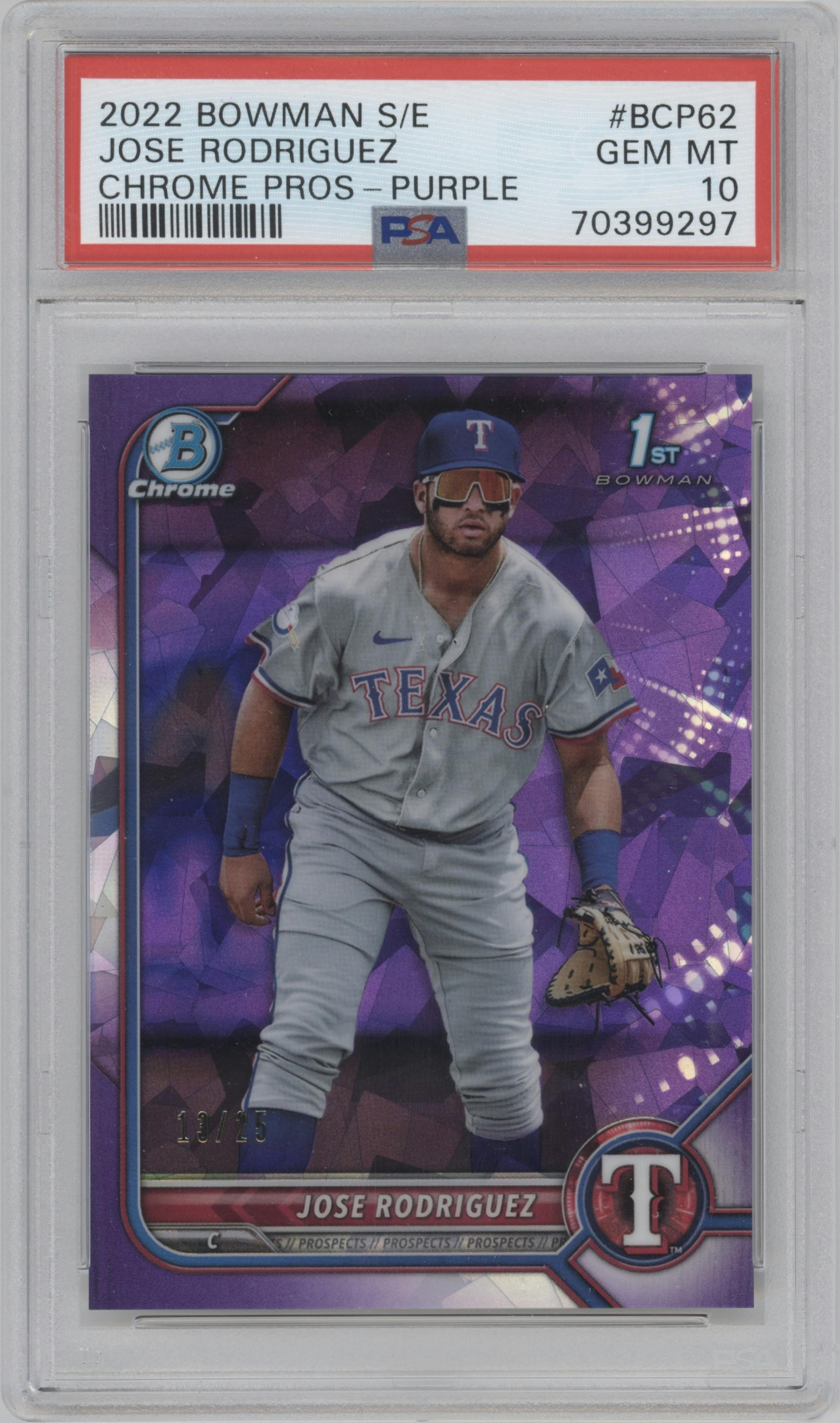 Jose Rodriguez from the 2022 Bowman Sapphire Edition set featuring a Purple parallel graded by PSA and given an overall grade of 10.