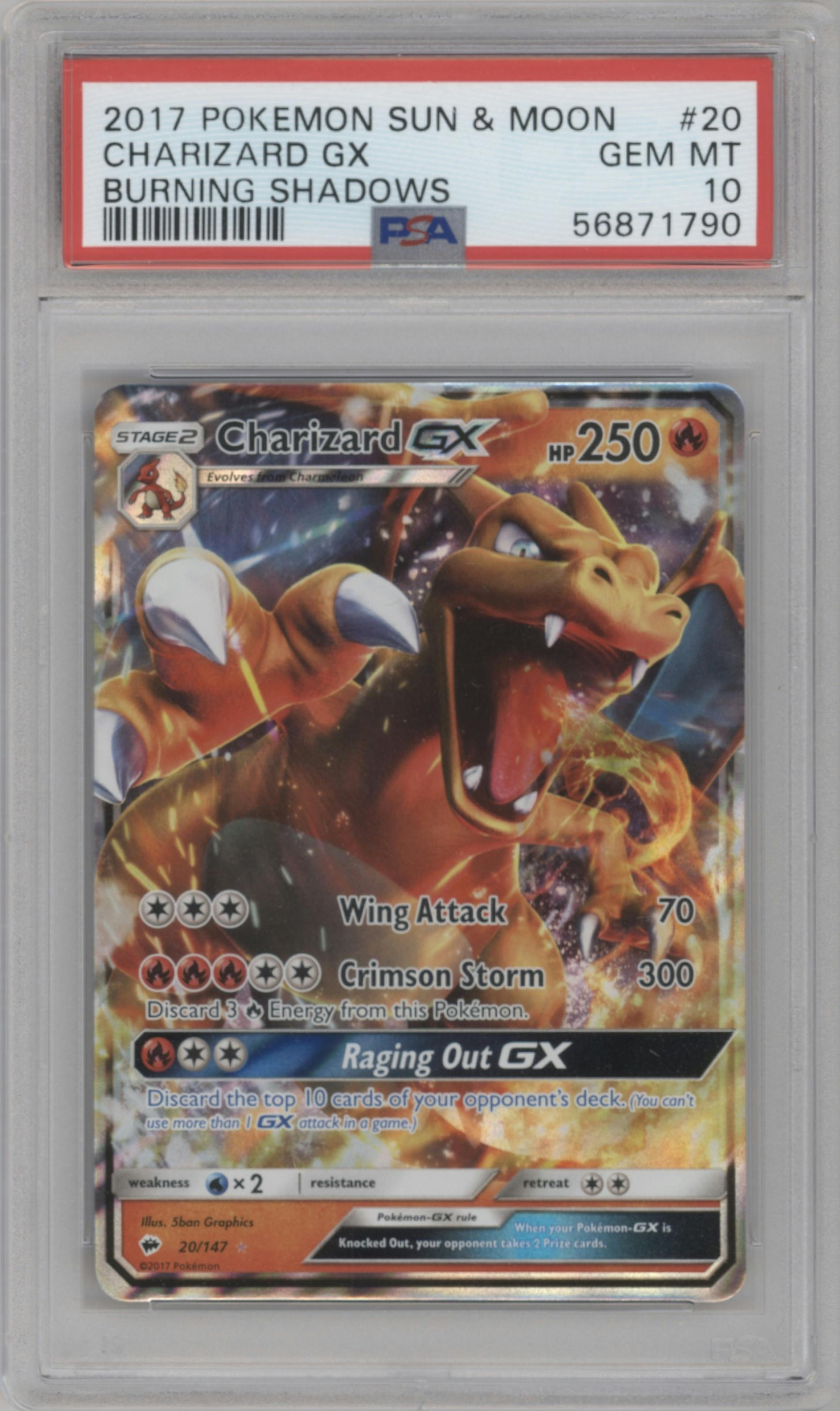 Charizard GX from the 2017 Pokemon S&M set graded by PSA and given an overall grade of 10.