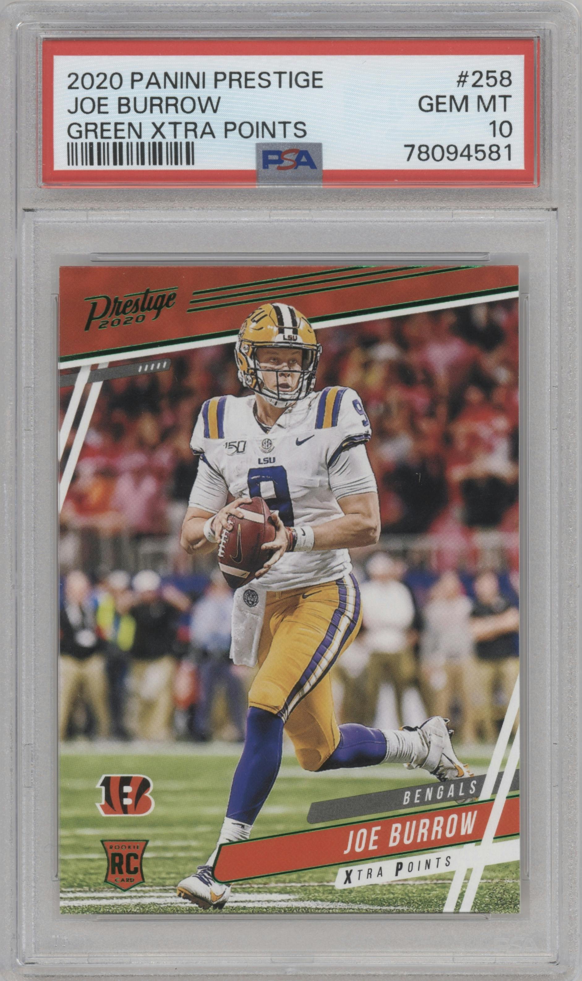 Joe Burrow from the 2020 Panini Prestige set featuring a Xtra Points Green parallel graded by PSA and given an overall grade of 10.