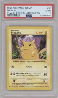 Pikachu from the 1999 Pokemon set featuring a Yellow Cheeks parallel graded by PSA and given an overall grade of 9.