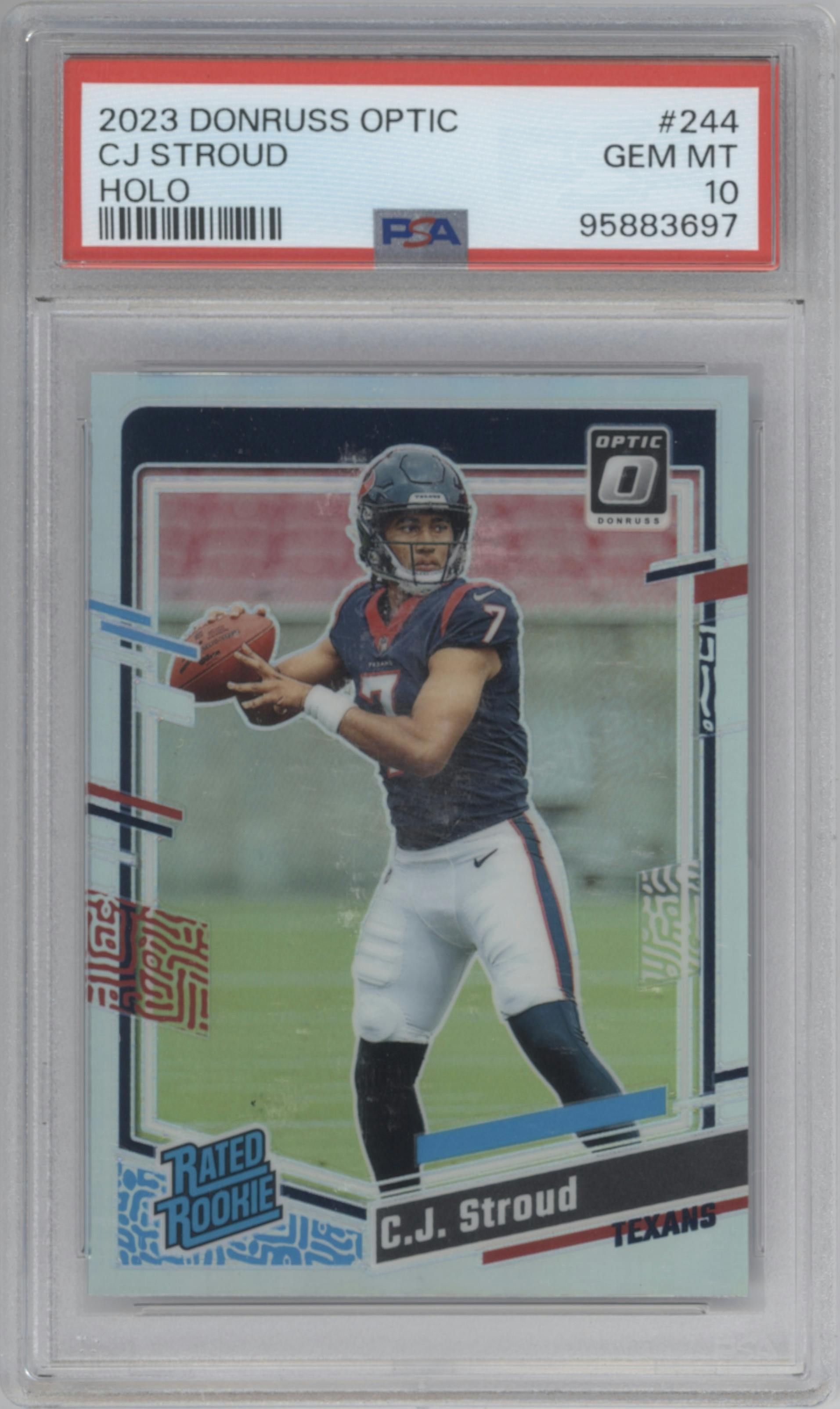 C.J. Stroud from the 2023 Donruss Optic set featuring a Holo parallel graded by PSA and given an overall grade of 10.