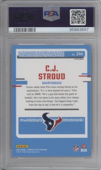 C.J. Stroud from the 2023 Donruss Optic set featuring a Holo parallel graded by PSA and given an overall grade of 10.