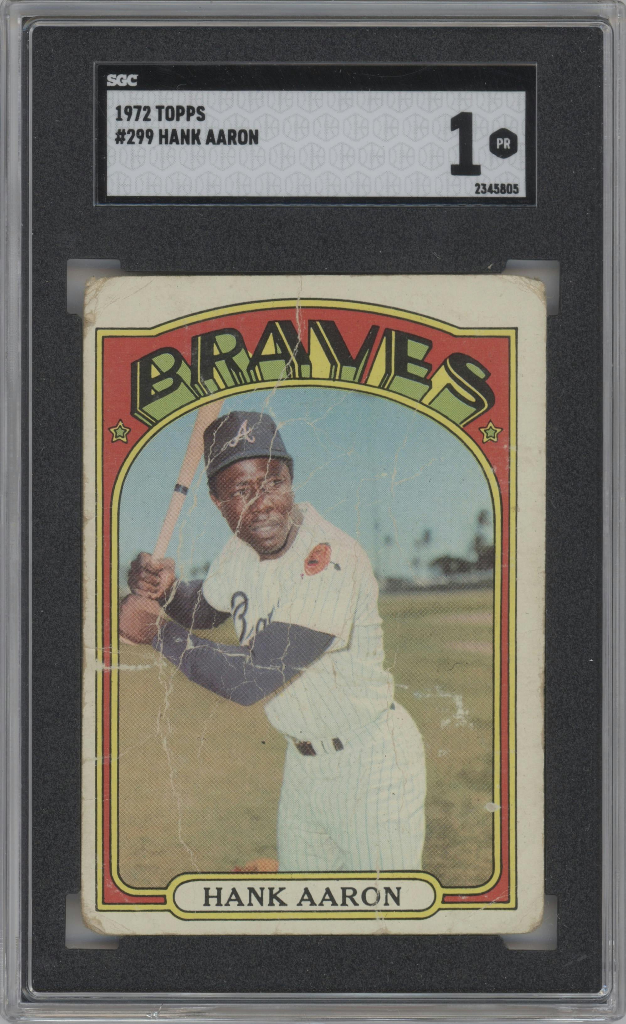 Hank Aaron from the 1972 Topps set graded by SGC and given an overall grade of 1.