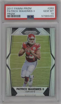 Patrick Mahomes II from the 2017 Panini Prizm set featuring a Prizm parallel graded by PSA and given an overall grade of 10.