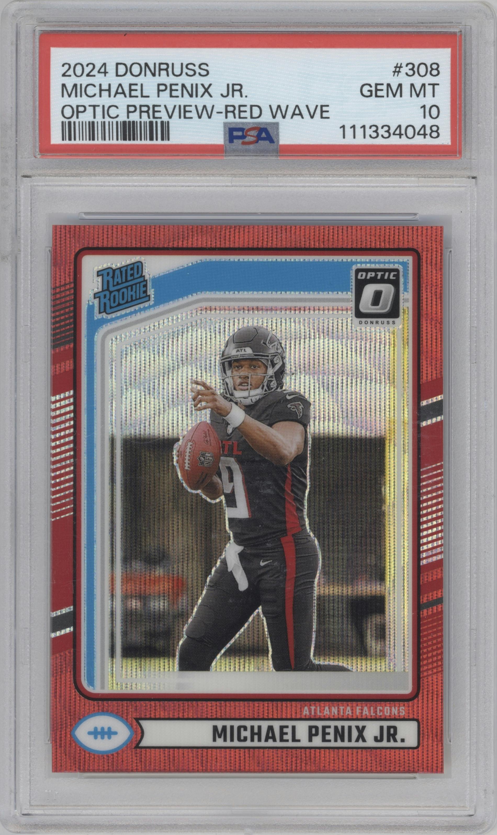 Michael Penix Jr.  from the 2024 Donruss set featuring a Red Wave parallel graded by PSA and given an overall grade of 10.