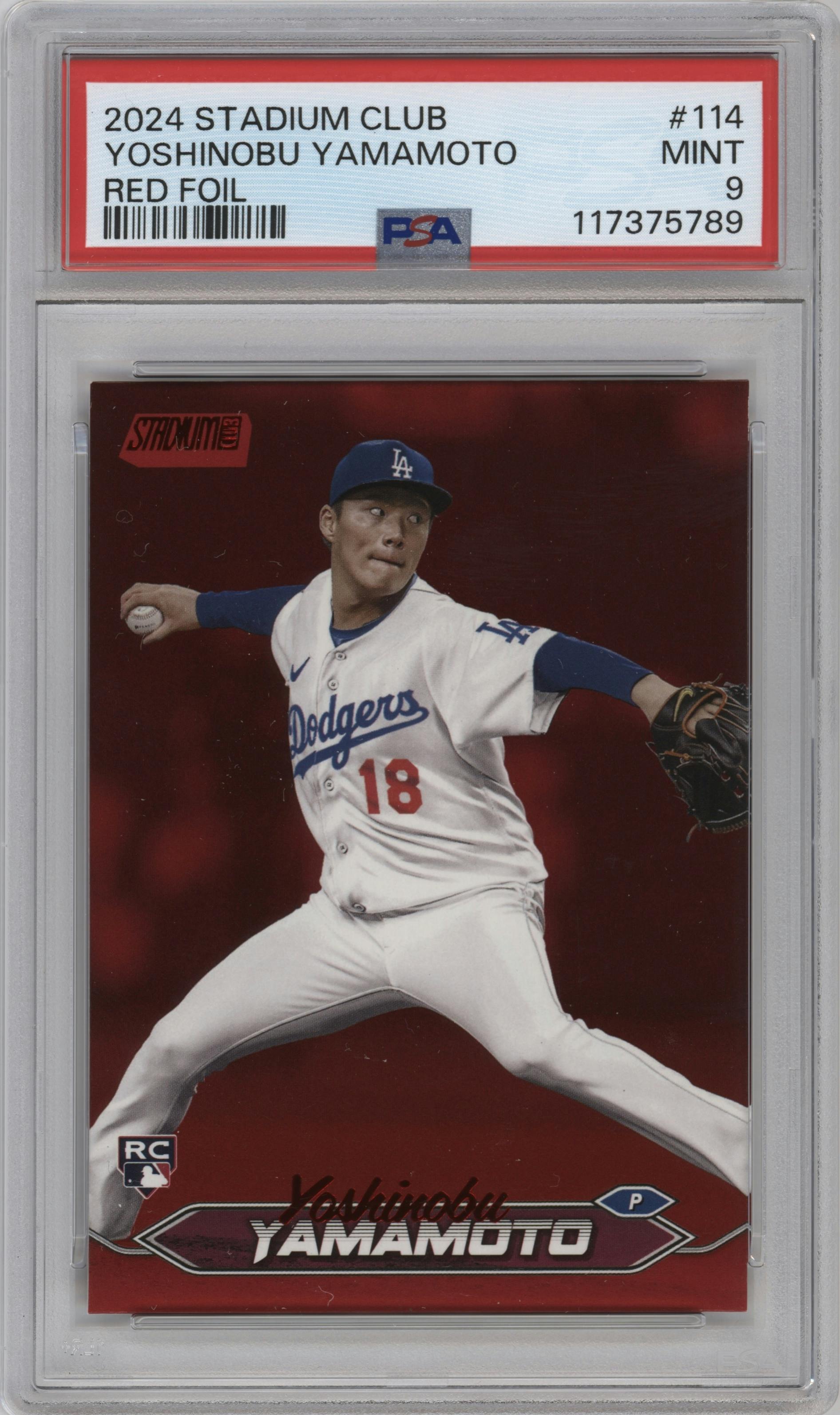 Yoshinobu Yamamoto from the 2024 Topps Stadium Club set featuring a Red Foil parallel graded by PSA and given an overall grade of 9.