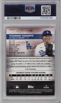 Yoshinobu Yamamoto from the 2024 Topps Stadium Club set featuring a Red Foil parallel graded by PSA and given an overall grade of 9.