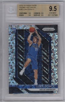Luka Doncic from the 2018-19 Panini Prizm set featuring a Fast Break parallel graded by Beckett and given an overall grade of 9.5.