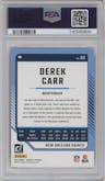 Derek Carr from the 2024 Donruss set featuring a Press Proof Black parallel graded by PSA and given an overall grade of 9.