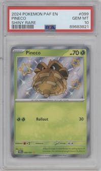 Pineco from the 2024 Pokemon SV set graded by PSA and given an overall grade of 10.