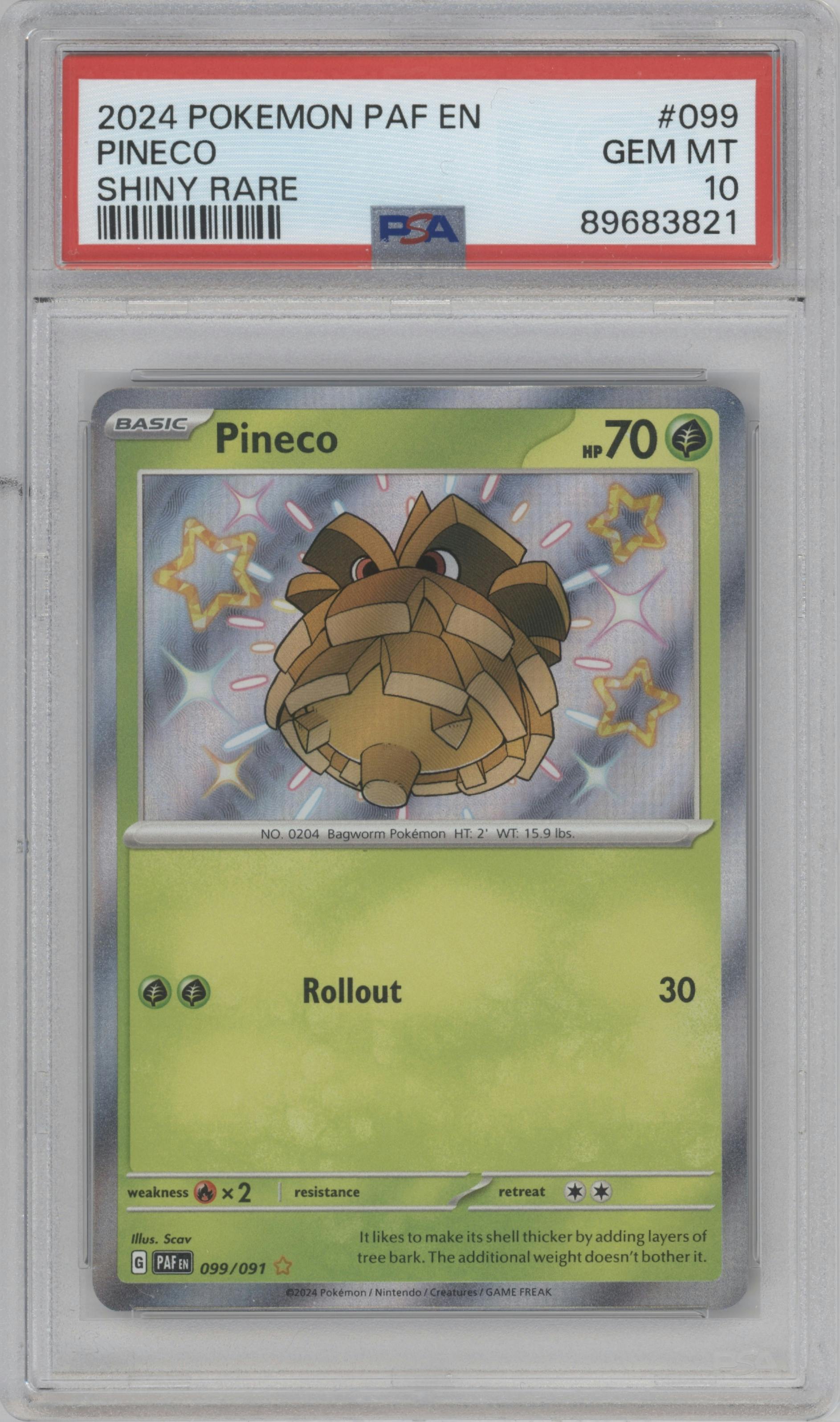 Pineco from the 2024 Pokemon SV set graded by PSA and given an overall grade of 10.